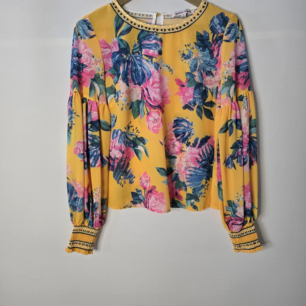 JEALOUS TOMATO Size S Bright Yellow Floral Summer Blouse - Picture 2 of 11